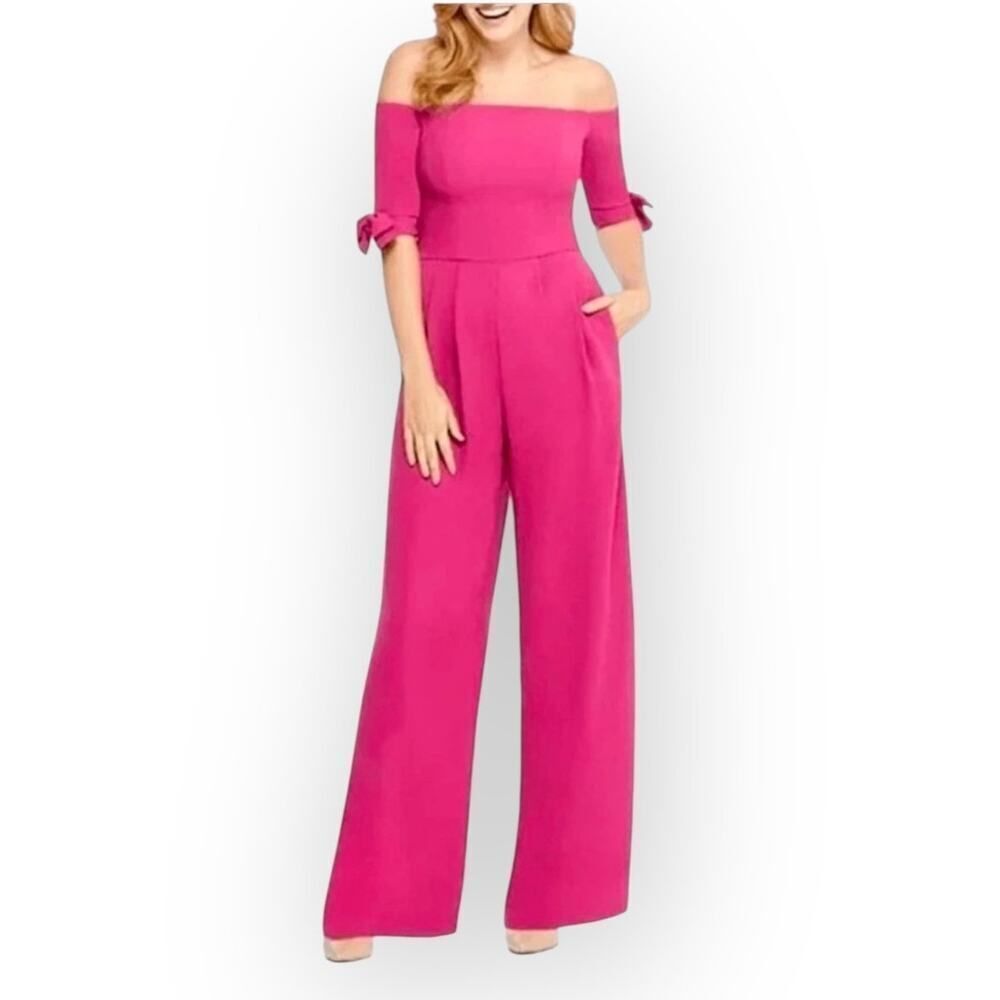 Gal Meets Glam Meredith Jumpsuit Women's Size 0P Pink Bow Off Shoulder Wide Leg